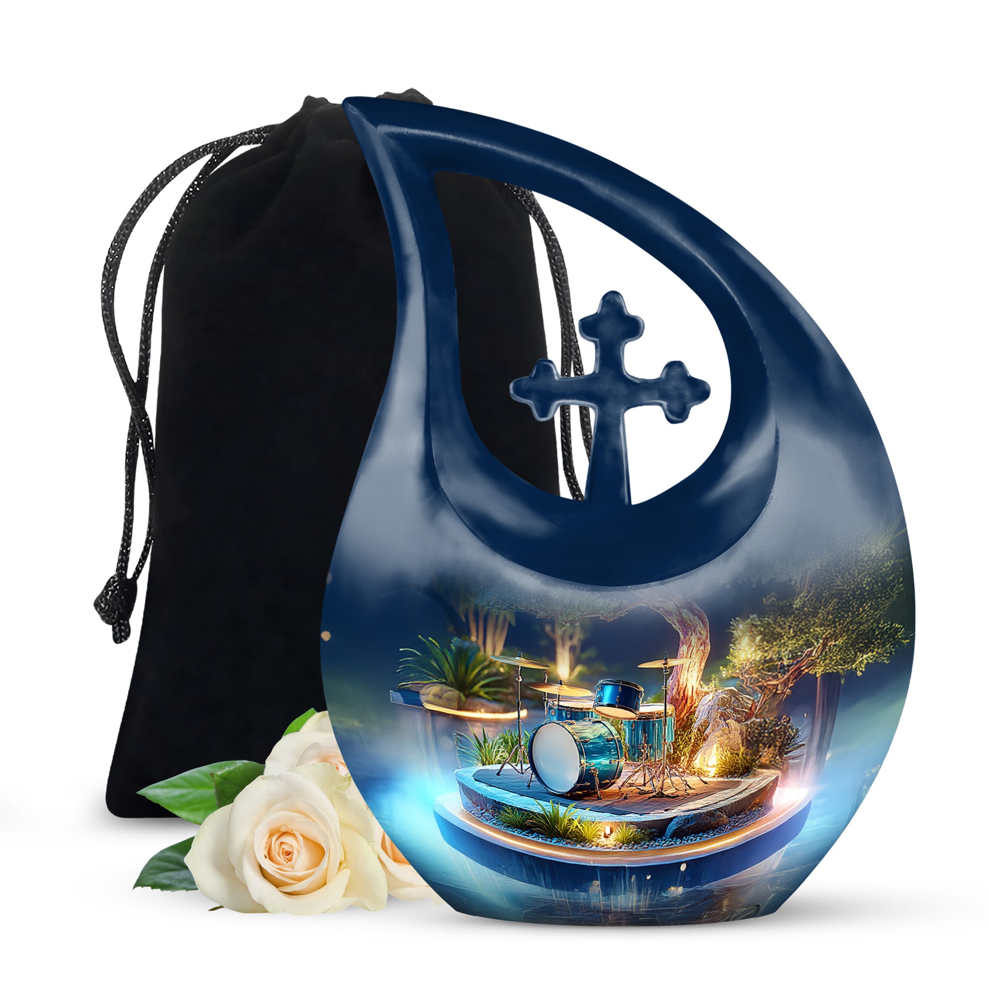 Sunrise Gold Drums Cremation Urn top-down view of secure threaded lid - cross and drums combined in spiritual memorial design - full-size 10 inch 200 cubic inch adult cremation urn
