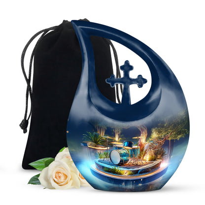Sunrise Gold Drums Cremation Urn top-down view of secure threaded lid - cross and drums combined in spiritual memorial design - full-size 10 inch 200 cubic inch adult cremation urn