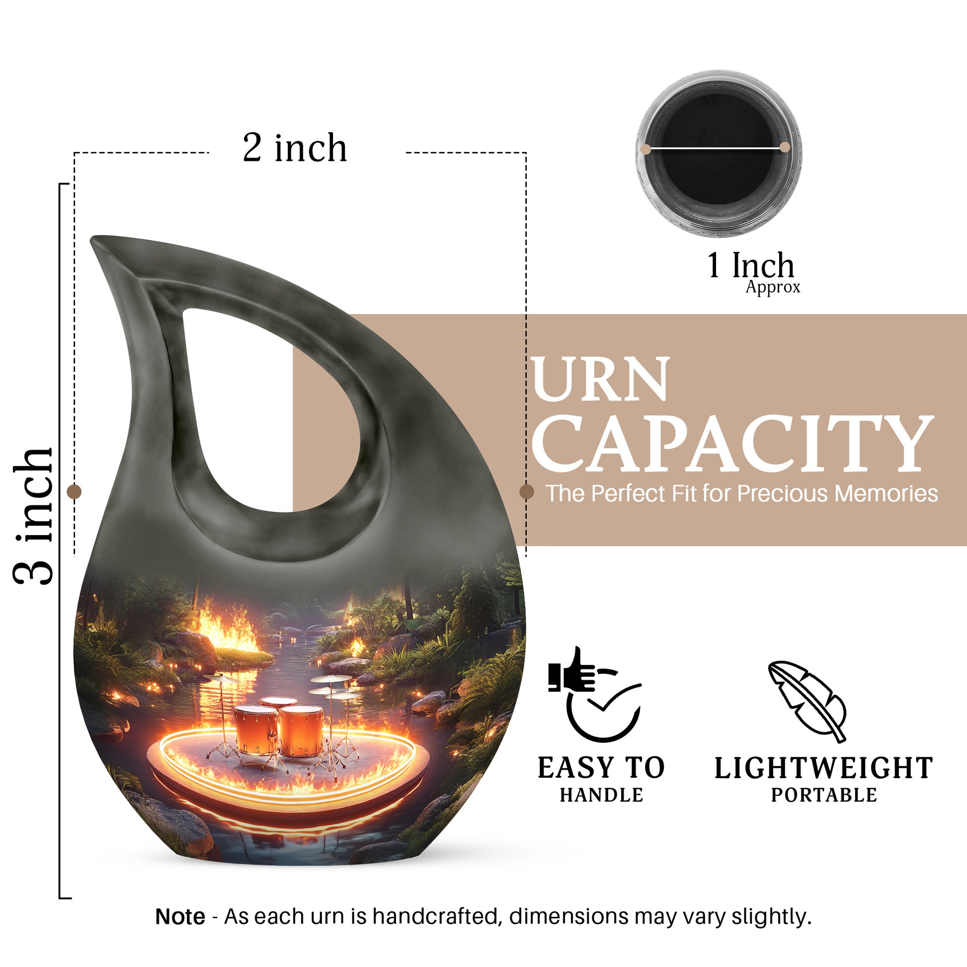 Ash Gray Drums Cremation Urn back view with polished surface - faith-inspired cross-drop urn with drums pattern - mini keepsake memorial for portion of cremation ashes