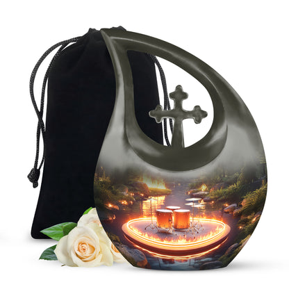 Ash Gray Drums Cremation Urn top-down view of secure threaded lid - faith-inspired cross-drop urn with drums pattern - full-size 10 inch 200 cubic inch adult cremation urn