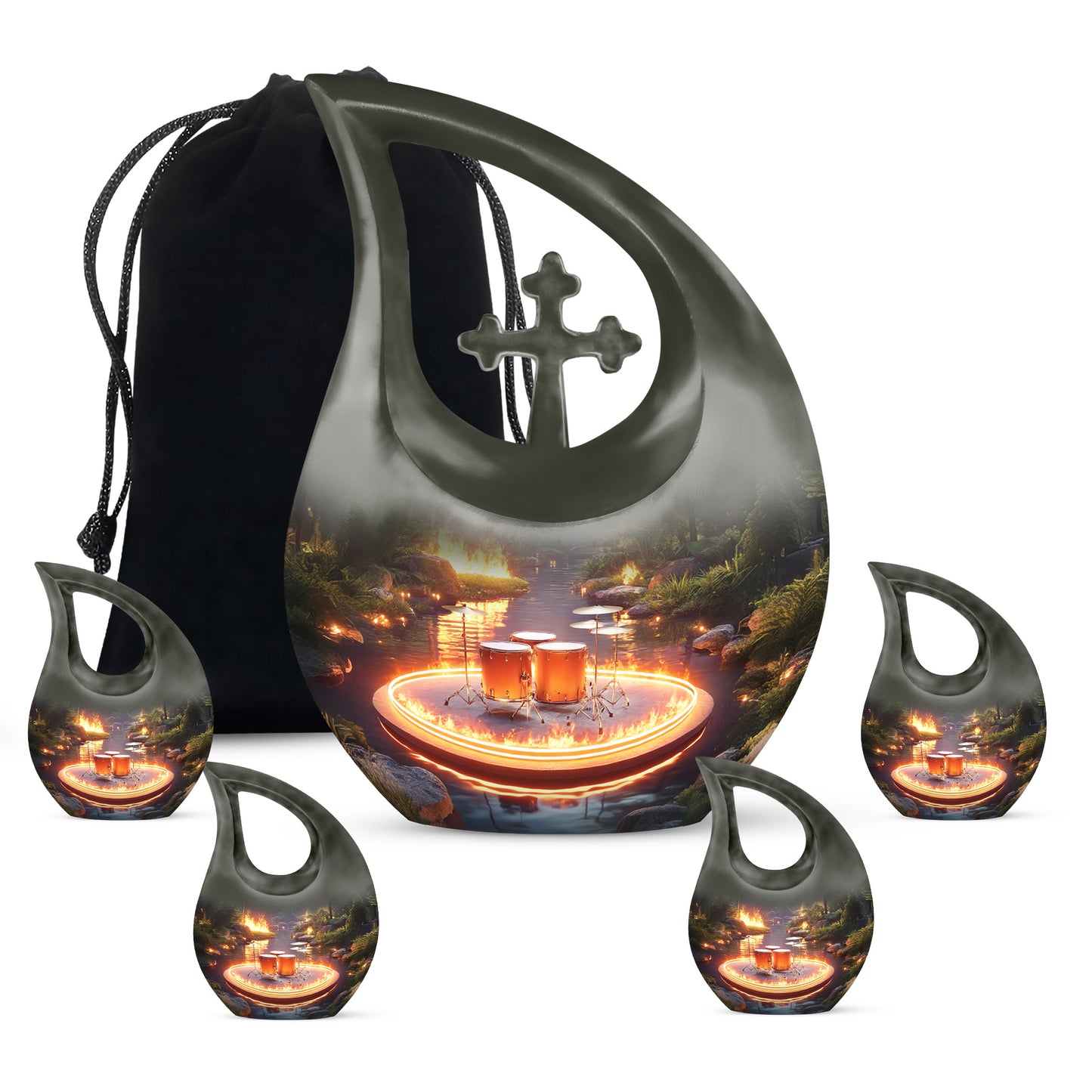 Smoke Gray Drums Cremation Urn urn with complimentary velvet bag - faith-inspired cross-drop urn with drums pattern - memorial set with one large and four small urns