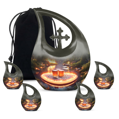 Smoke Gray Drums Cremation Urn urn with complimentary velvet bag - faith-inspired cross-drop urn with drums pattern - memorial set with one large and four small urns