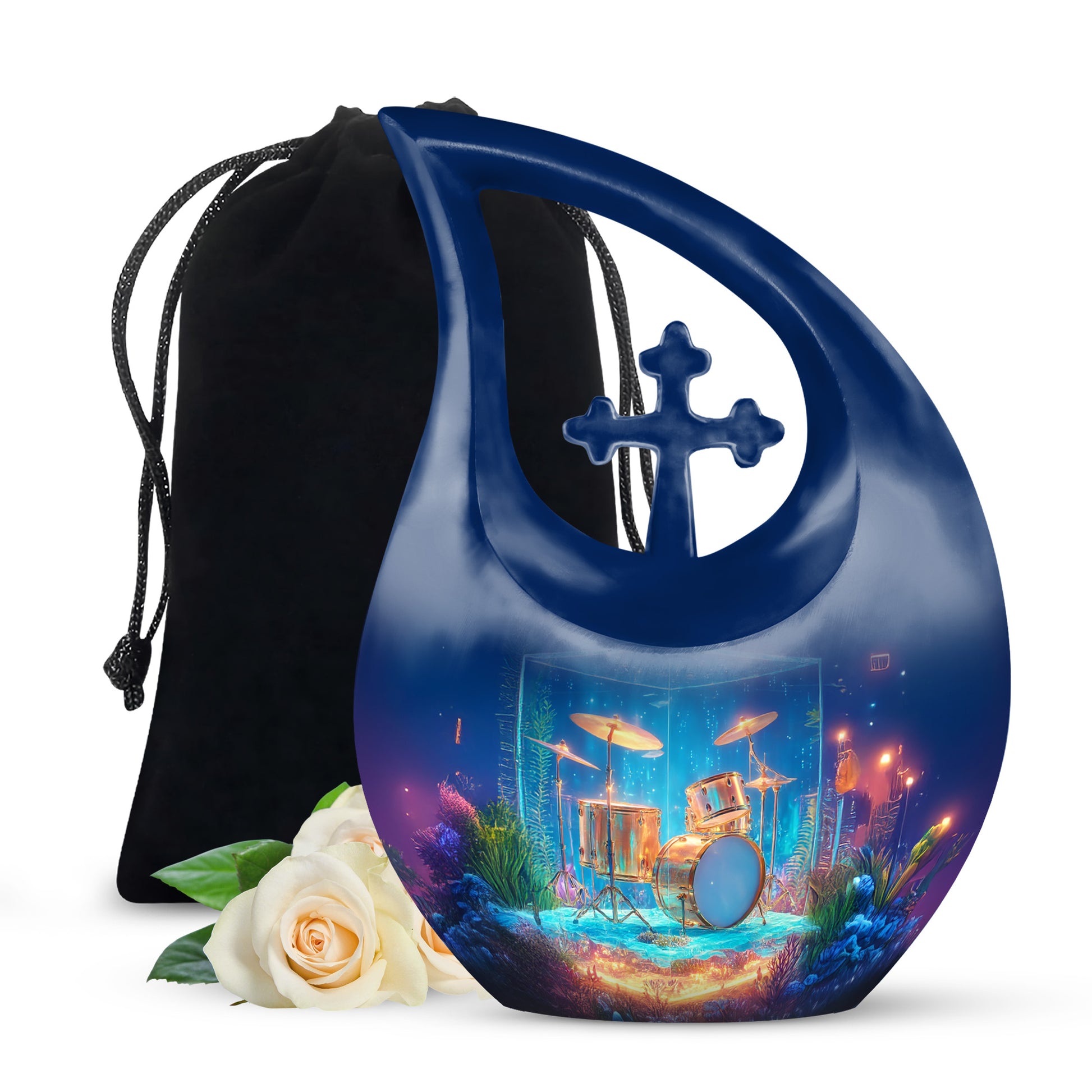Twilight Blue Drums Cremation Urn top-down view of secure threaded lid - devotional cross-drop drums engraving - full-size 10 inch 200 cubic inch adult cremation urn
