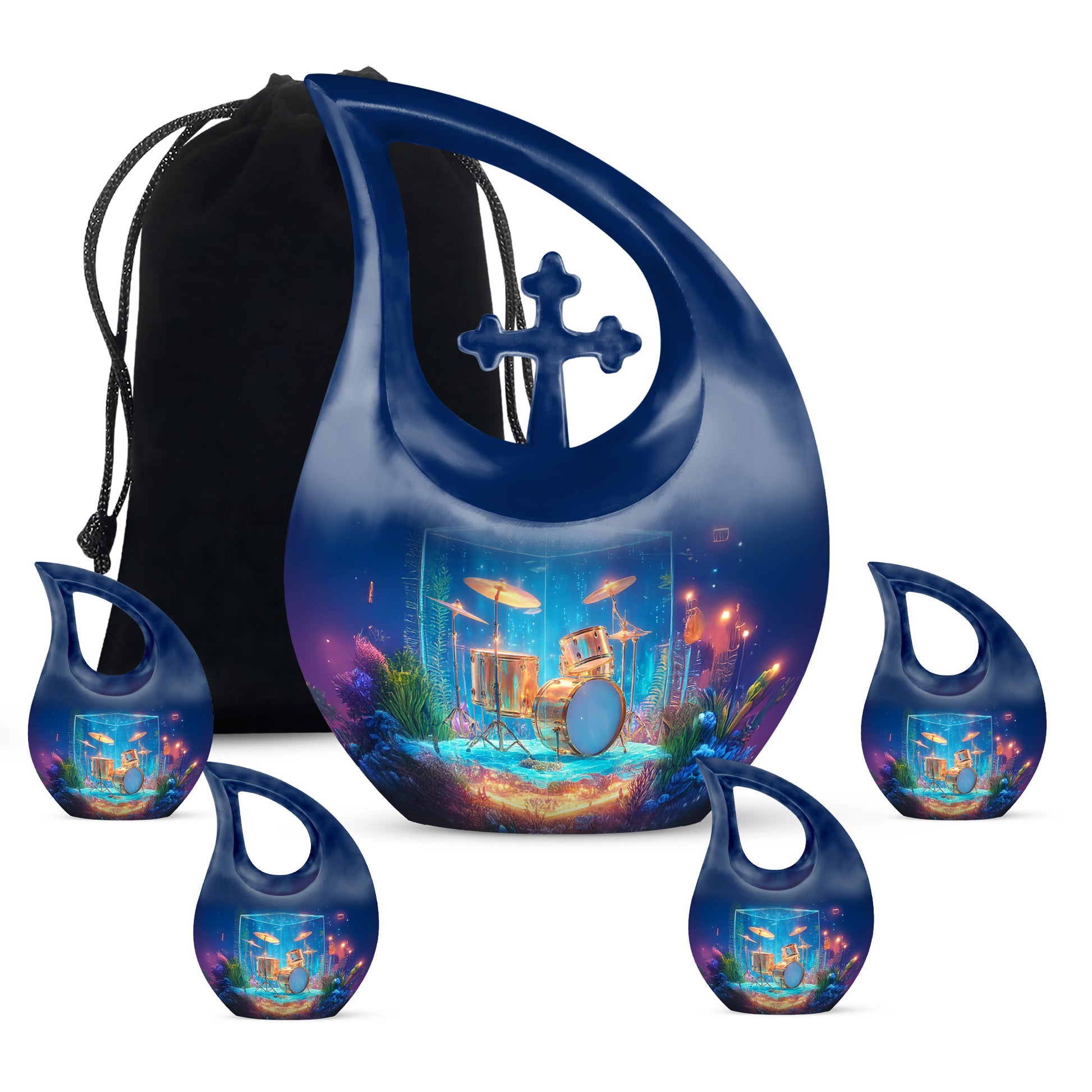 Azure Drums Cremation Urn urn with complimentary velvet bag - sacred cross merged with drums motif on metal - memorial set with one large and four small urns