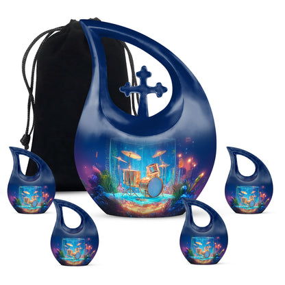 Azure Drums Cremation Urn urn with complimentary velvet bag - sacred cross merged with drums motif on metal - memorial set with one large and four small urns