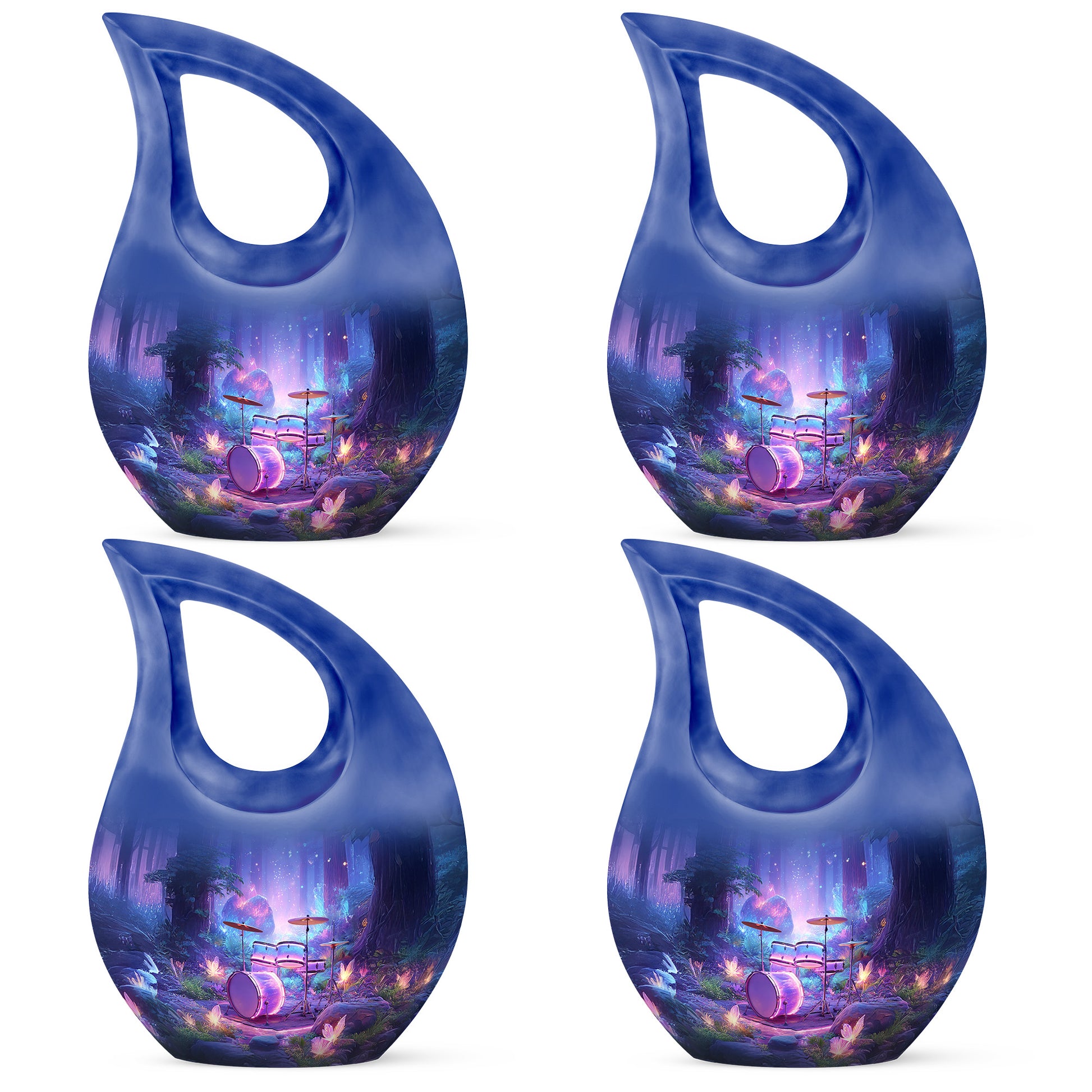 Steel Blue Drums Cremation Urn lifestyle display on memorial shelf - devotional cross-drop drums engraving - 10 inch aluminum urn for cremated remains