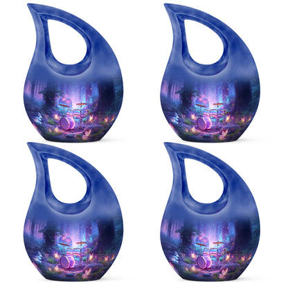 Steel Blue Drums Cremation Urn lifestyle display on memorial shelf - devotional cross-drop drums engraving - 10 inch aluminum urn for cremated remains