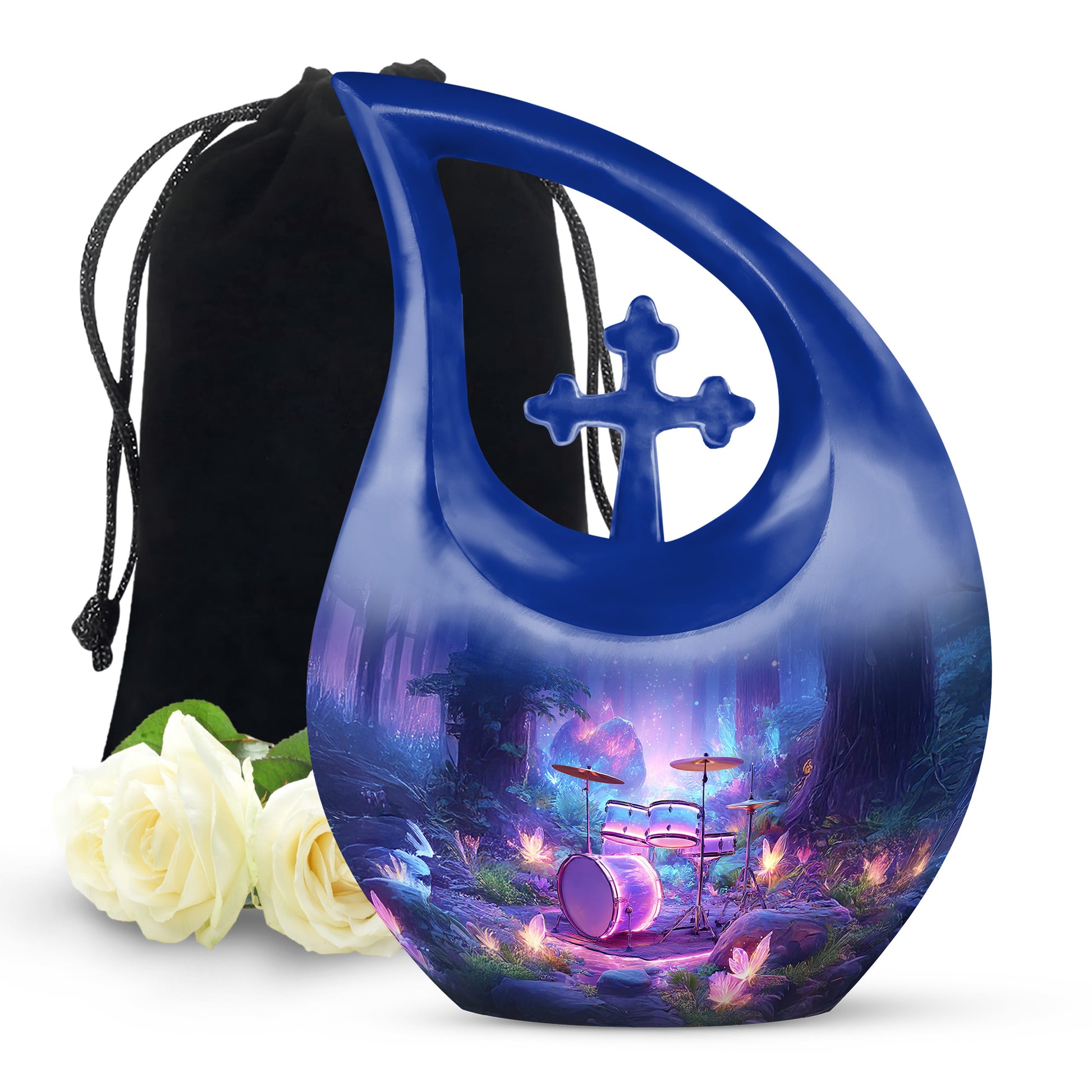 Twilight Blue Drums Cremation Urn top-down view of secure threaded lid - devotional cross-drop drums engraving - full-size 10 inch 200 cubic inch adult cremation urn
