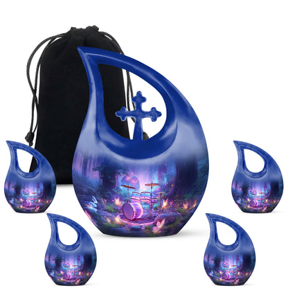 Celestial Blue Drums Cremation Urn urn with complimentary velvet bag - cross and drums combined in spiritual memorial design - memorial set with one large and four small urns