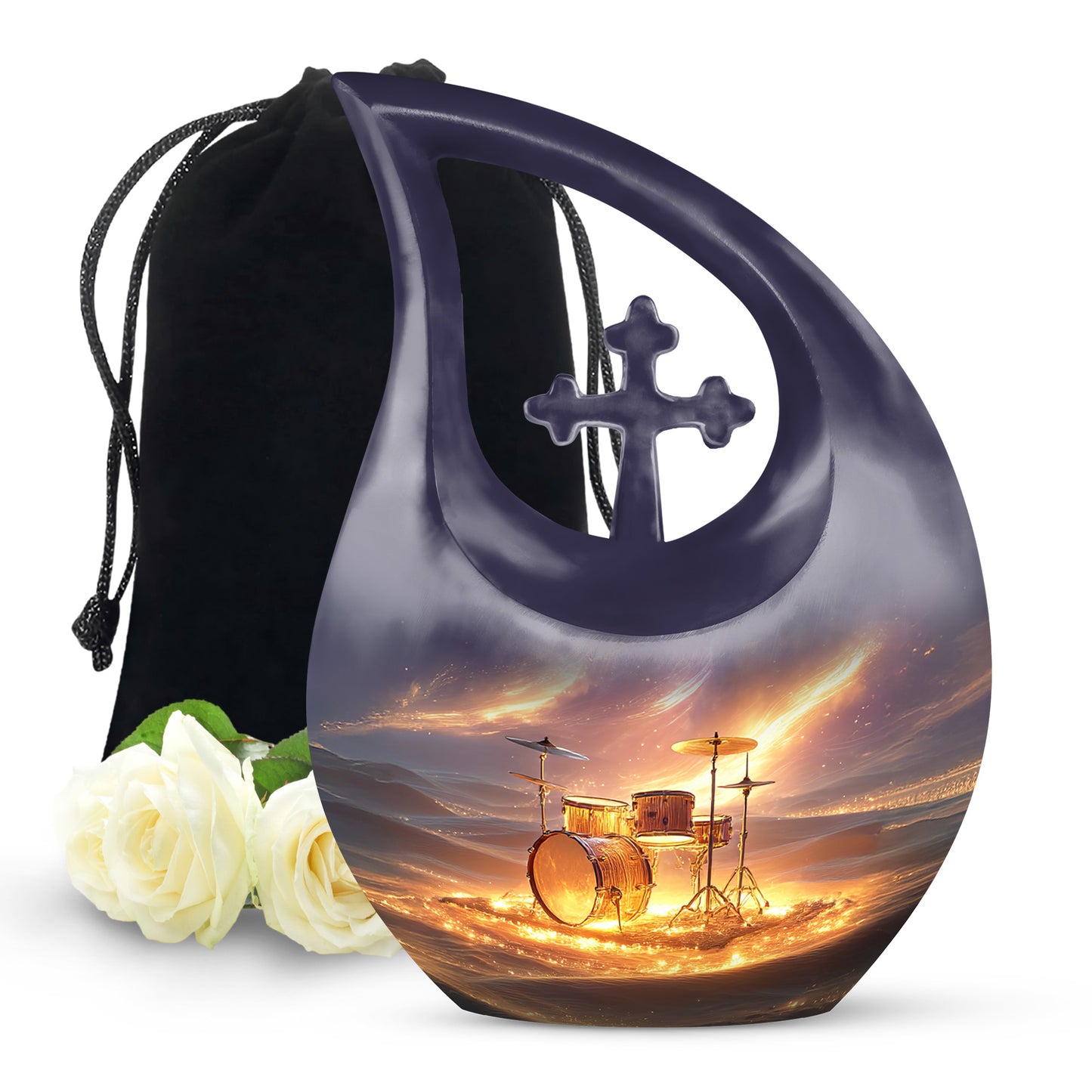 Ruby Red Drums Cremation Urn top-down view of secure threaded lid - faith-inspired cross-drop urn with drums pattern - full-size 10 inch 200 cubic inch adult cremation urn