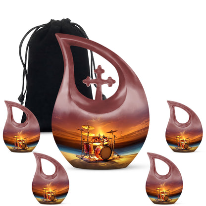 Soft Pink Drums Cremation Urn urn with complimentary velvet bag - devotional cross-drop drums engraving - memorial set with one large and four small urns