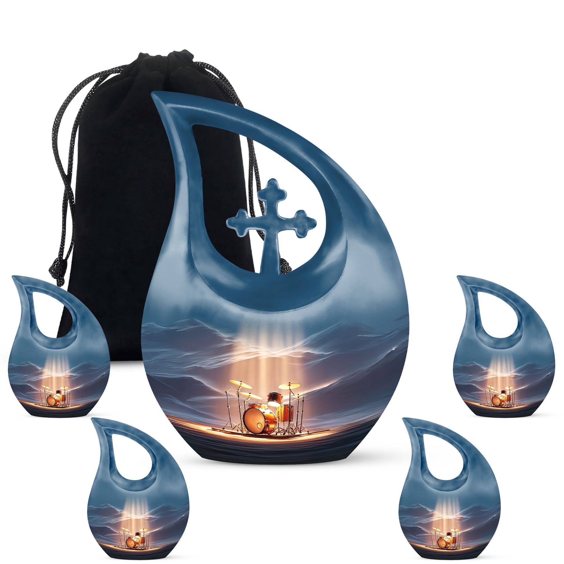 Icy Blue Drums Cremation Urn urn with complimentary velvet bag - cross and drums combined in spiritual memorial design - memorial set with one large and four small urns