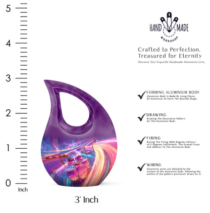 Celestial Blue Drums Cremation Urn back view with polished surface - sacred cross merged with drums motif on metal - mini keepsake memorial for portion of cremation ashes
