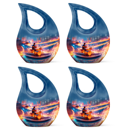 Bright Blue Drums Cremation Urn lifestyle display on memorial shelf - faith-inspired cross-drop urn with drums pattern - 10 inch aluminum urn for cremated remains