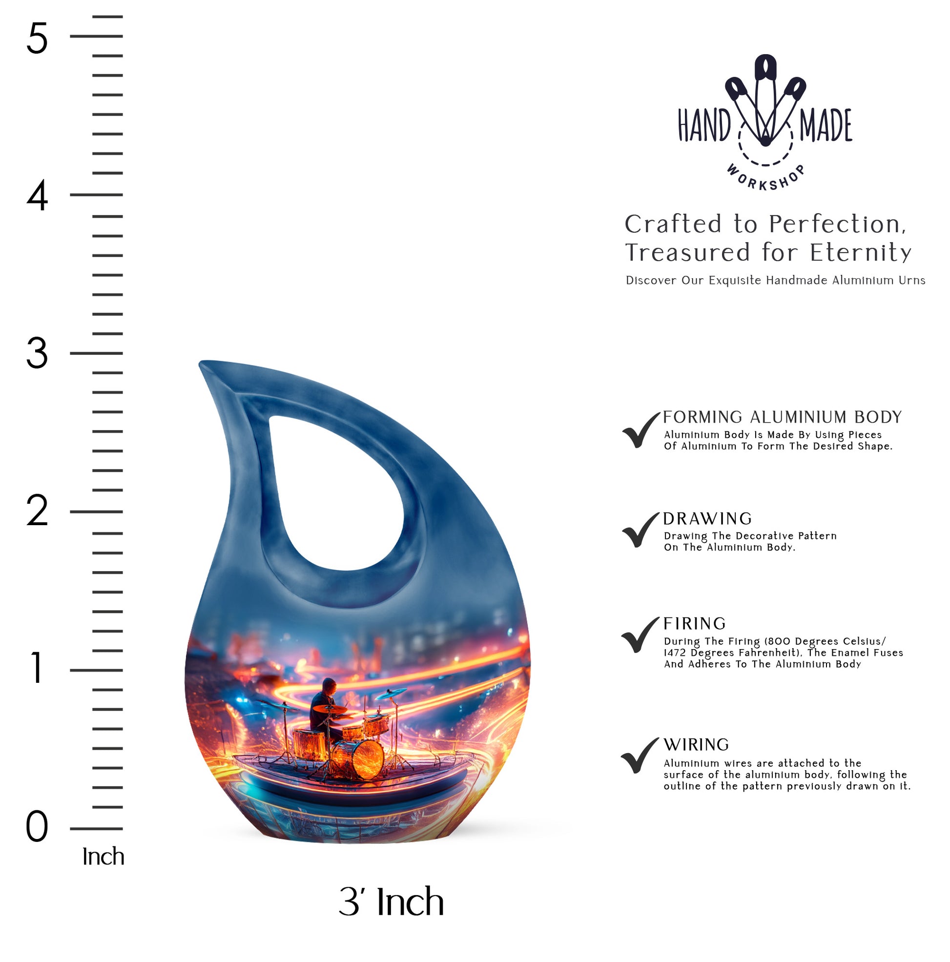 Celestial Blue Drums Cremation Urn back view with polished surface - cross and drums combined in spiritual memorial design - mini keepsake memorial for portion of cremation ashes
