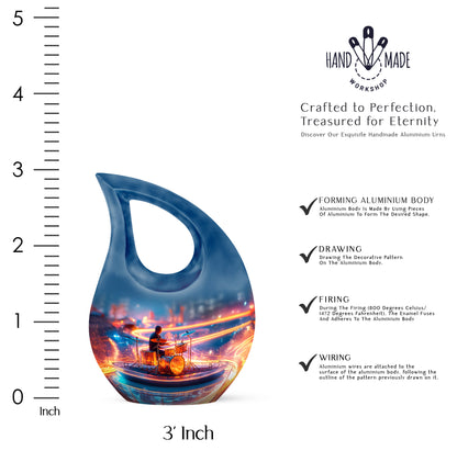 Celestial Blue Drums Cremation Urn back view with polished surface - cross and drums combined in spiritual memorial design - mini keepsake memorial for portion of cremation ashes