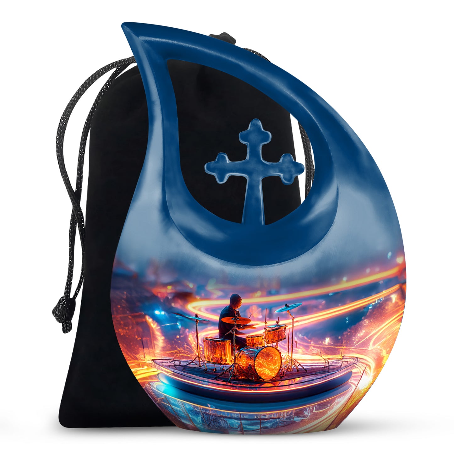 Serene Blue Drums Cremation Urn top-down view of secure threaded lid - faith-inspired cross-drop urn with drums pattern - full-size 10 inch 200 cubic inch adult cremation urn