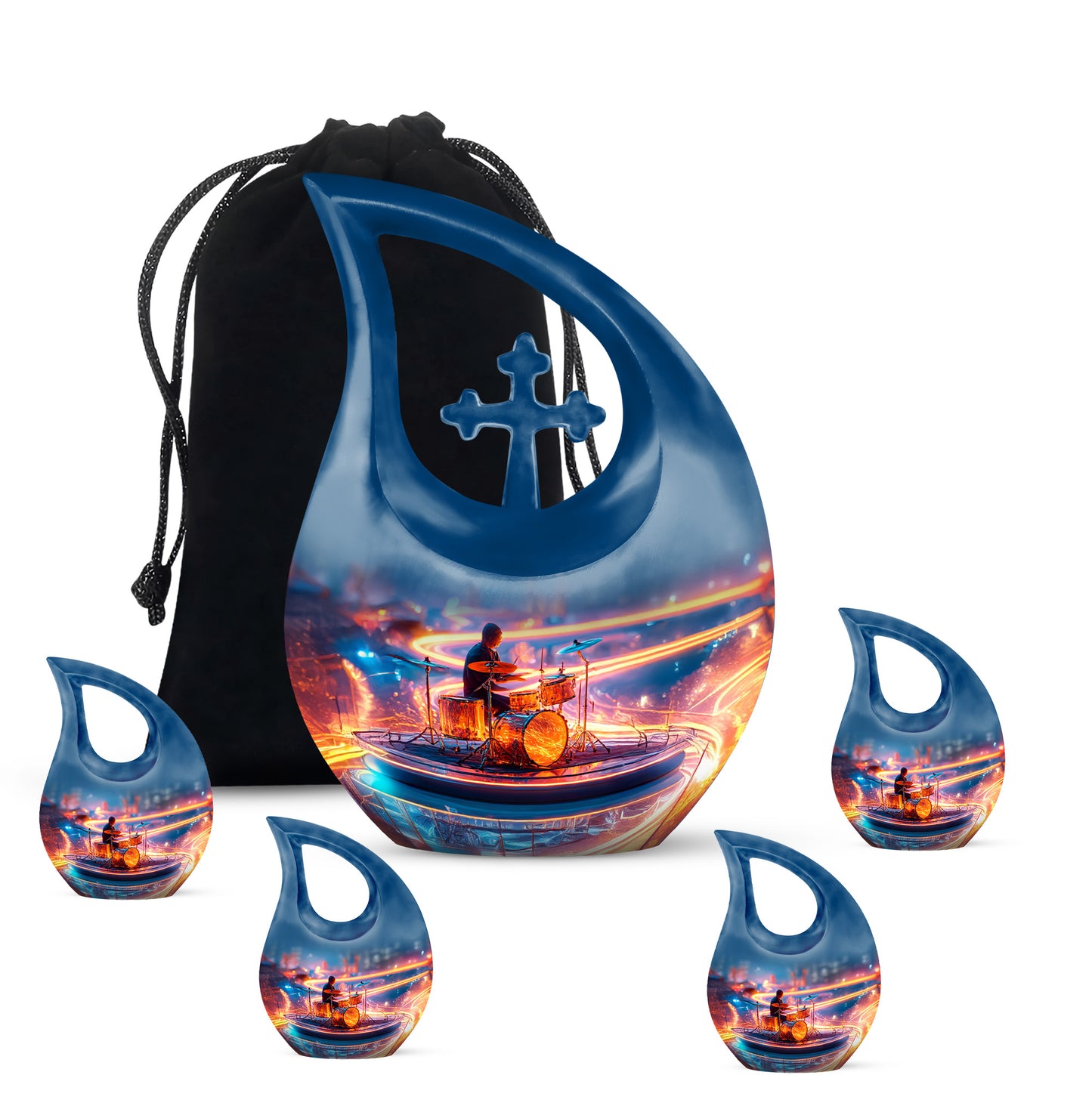 Dusty Blue Drums Cremation Urn urn with complimentary velvet bag - cross and drums combined in spiritual memorial design - memorial set with one large and four small urns