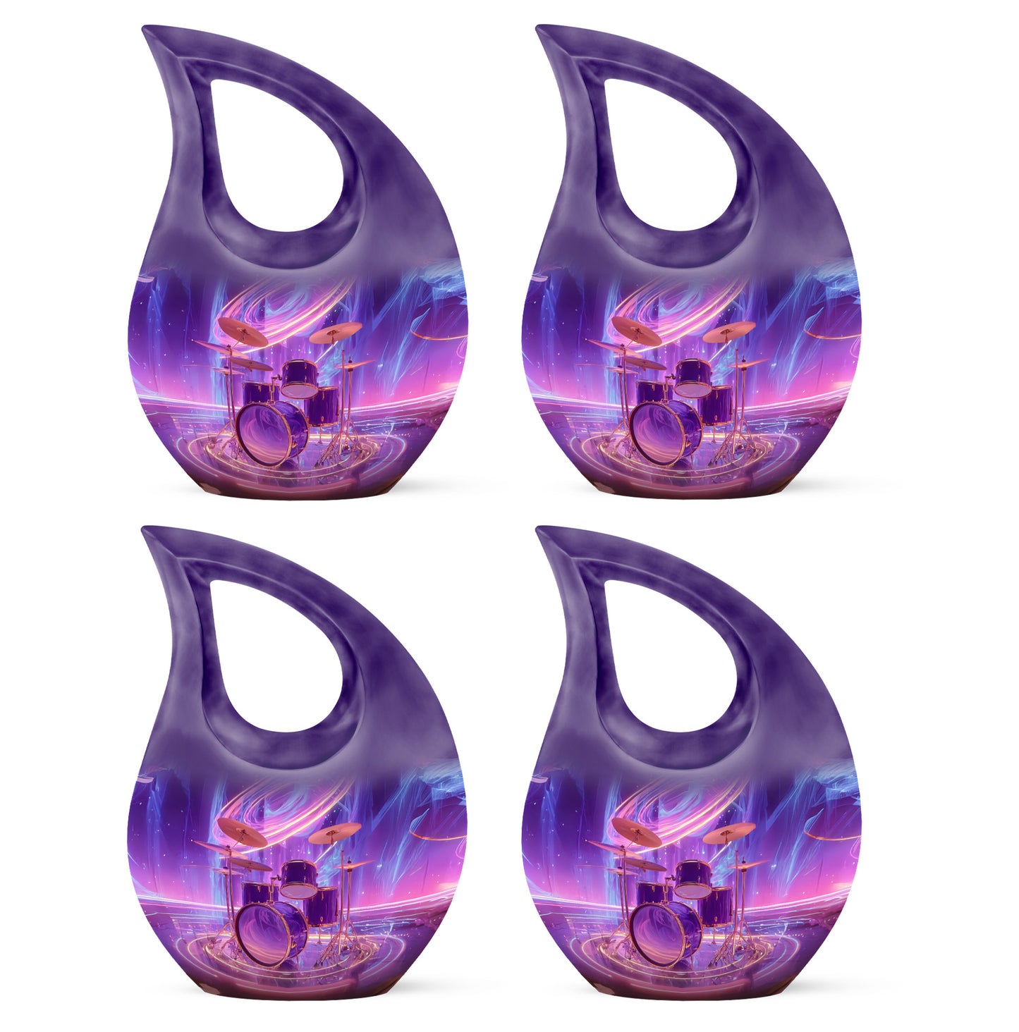 Royal Purple Drums Cremation Urn lifestyle display on memorial shelf - faith-inspired cross-drop urn with drums pattern - 10 inch aluminum urn for cremated remains