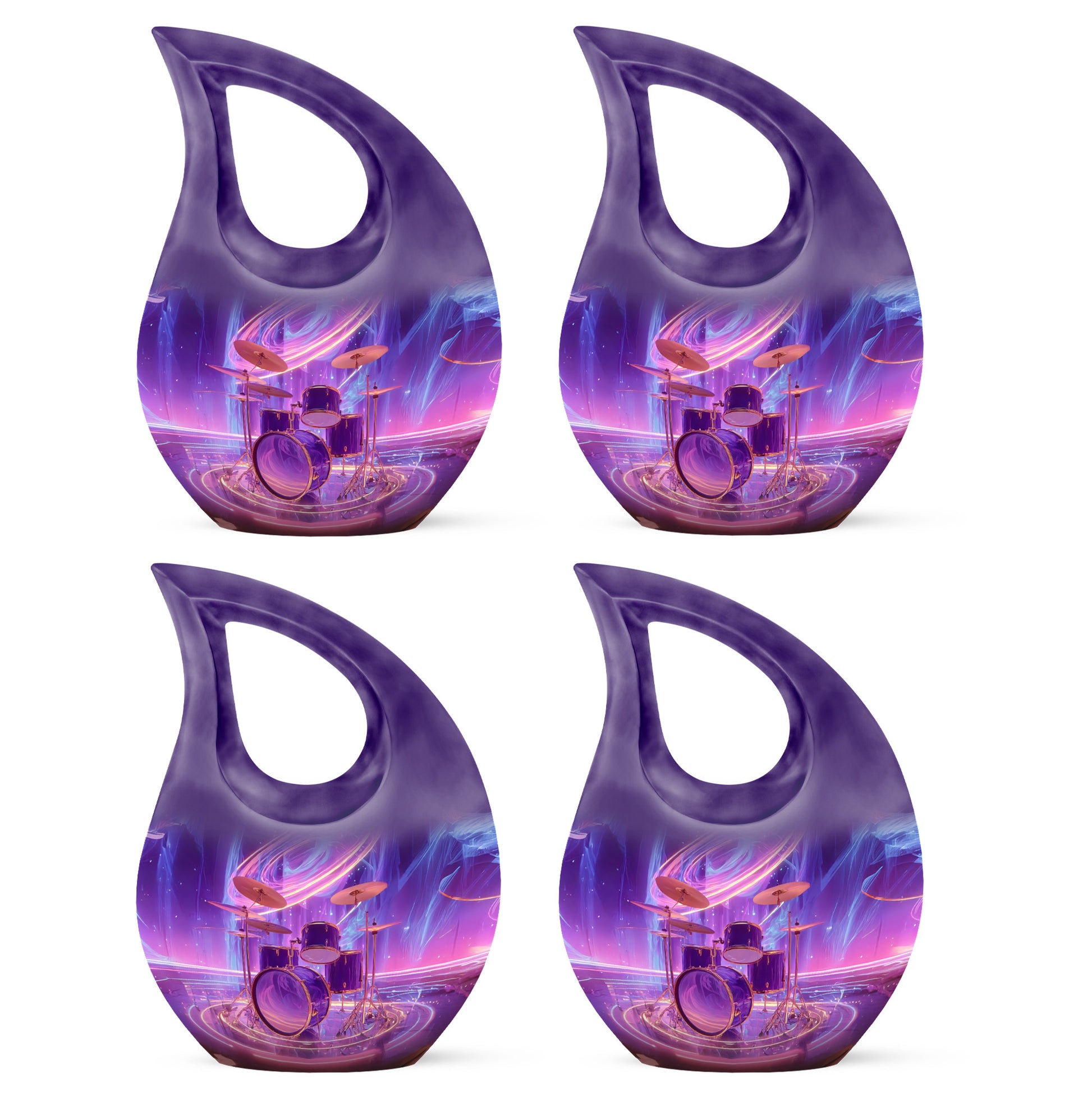 Royal Purple Drums Cremation Urn lifestyle display on memorial shelf - faith-inspired cross-drop urn with drums pattern - 10 inch aluminum urn for cremated remains