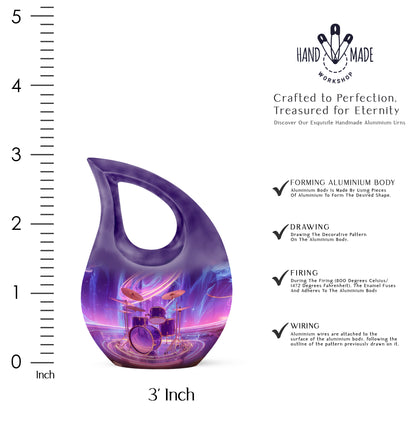 Grape Purple Drums Cremation Urn back view with polished surface - devotional cross-drop drums engraving - mini keepsake memorial for portion of cremation ashes