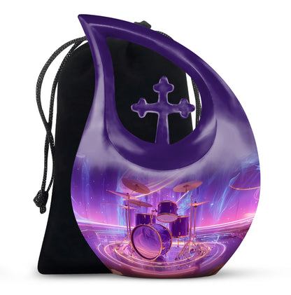 Grape Purple Drums Cremation Urn top-down view of secure threaded lid - faith-inspired cross-drop urn with drums pattern - full-size 10 inch 200 cubic inch adult cremation urn