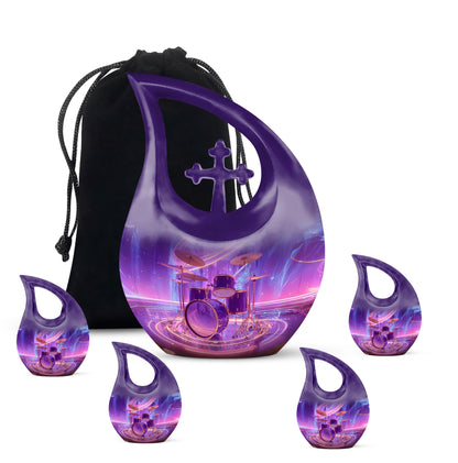 Grape Purple Drums Cremation Urn urn with complimentary velvet bag - faith-inspired cross-drop urn with drums pattern - memorial set with one large and four small urns
