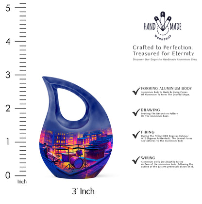 Lavender Purple Drums Cremation Urn back view with polished surface - devotional cross-drop drums engraving - mini keepsake memorial for portion of cremation ashes