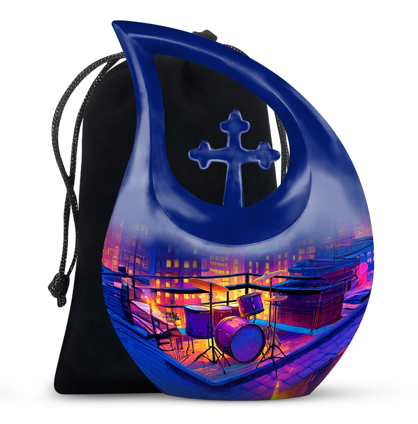 Amethyst Purple Drums Cremation Urn top-down view of secure threaded lid - sacred cross merged with drums motif on metal - full-size 10 inch 200 cubic inch adult cremation urn