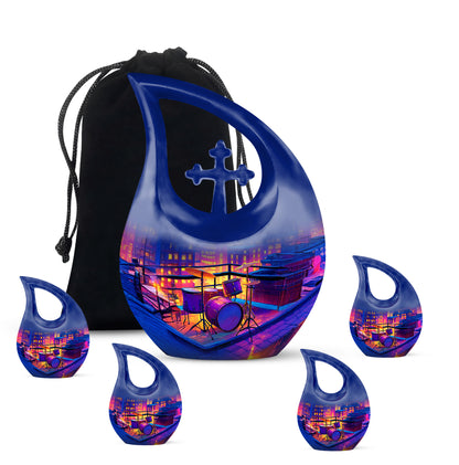 Plum Purple Drums Cremation Urn urn with complimentary velvet bag - sacred cross merged with drums motif on metal - memorial set with one large and four small urns