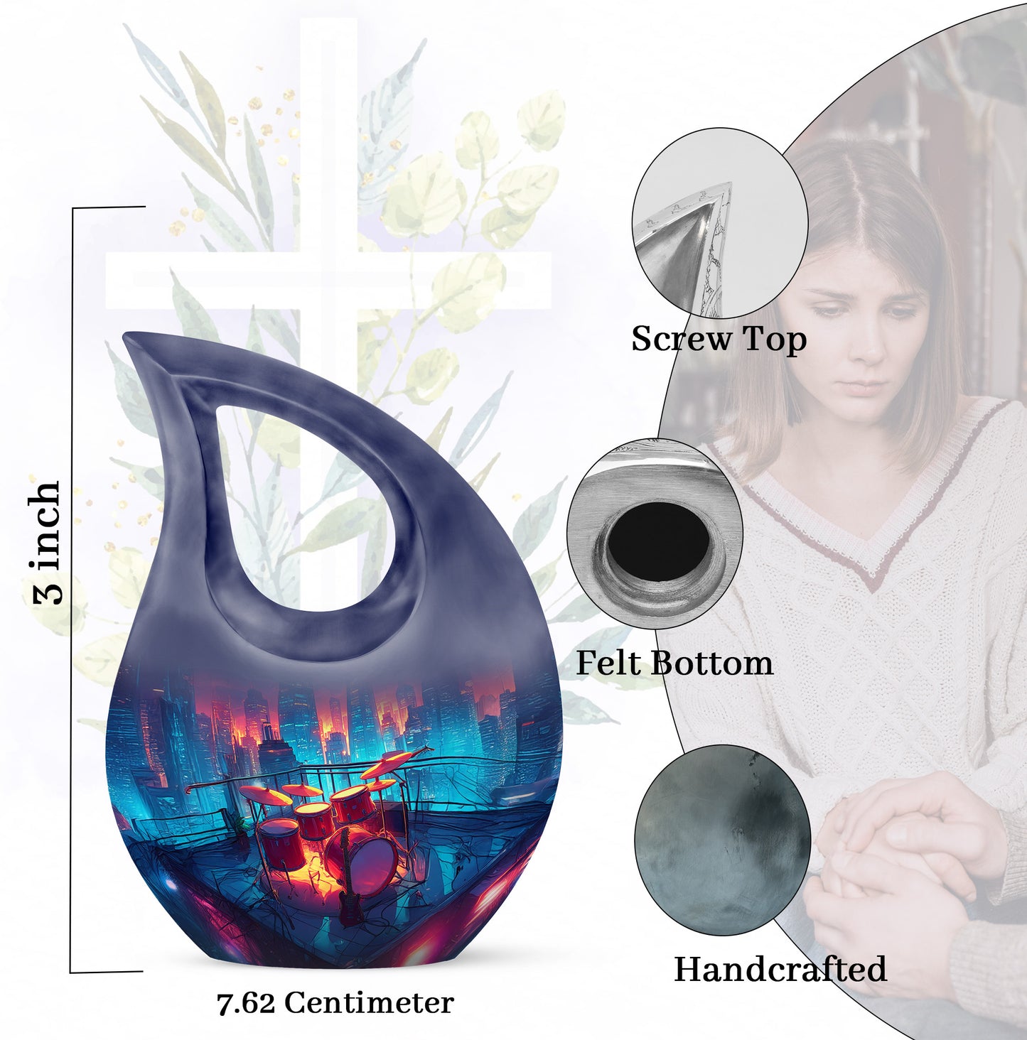 Calming Blue Drums Cremation Urn back view with polished surface - faith-inspired cross-drop urn with drums pattern - mini keepsake memorial for portion of cremation ashes