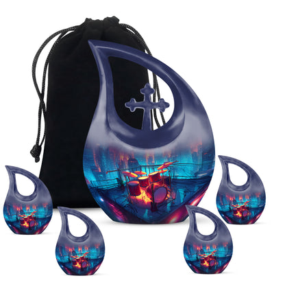 Slate Blue Drums Cremation Urn urn with complimentary velvet bag - cross and drums combined in spiritual memorial design - memorial set with one large and four small urns