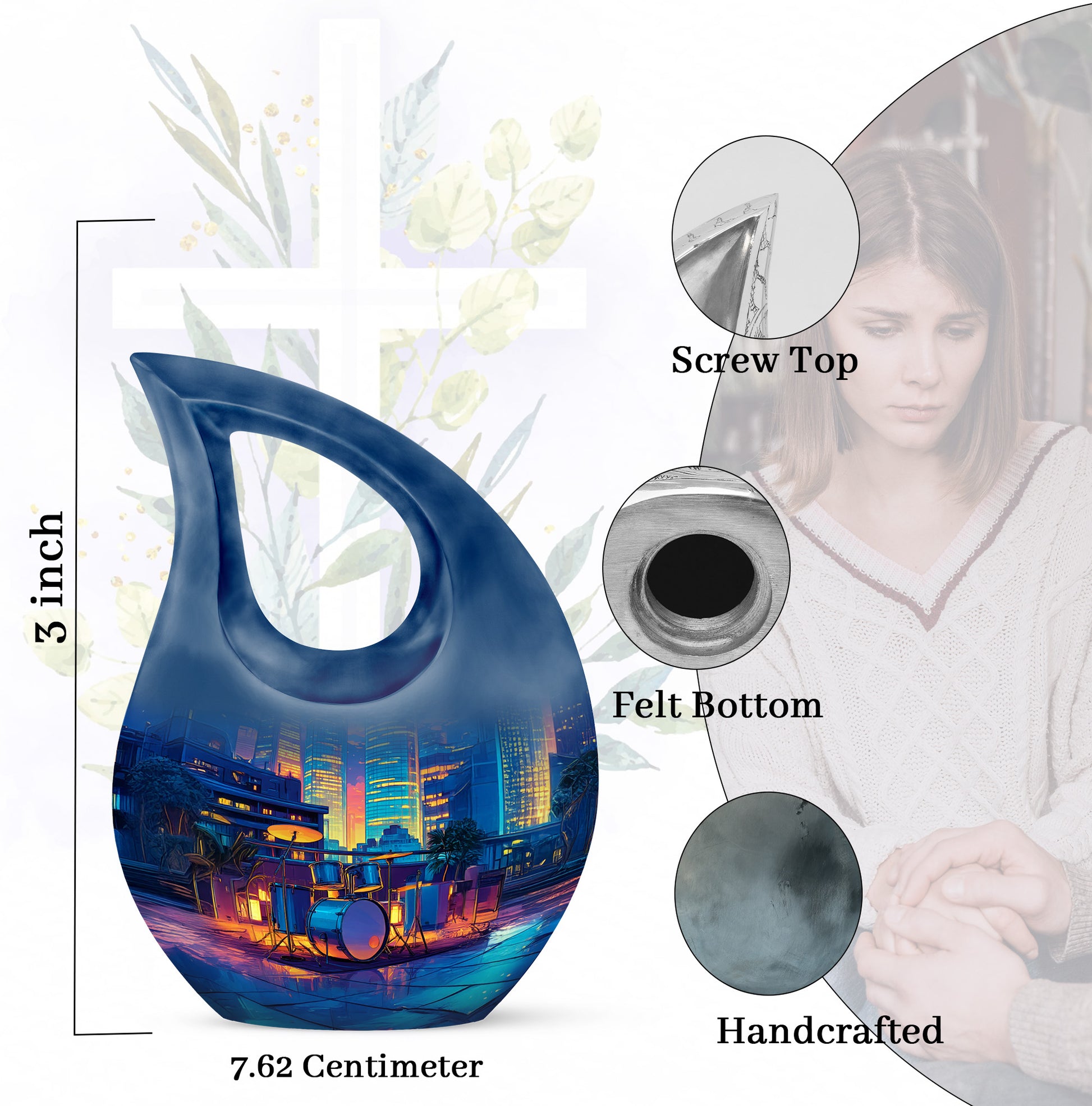 Celestial Blue Drums Cremation Urn back view with polished surface - cross and drums combined in spiritual memorial design - mini keepsake memorial for portion of cremation ashes