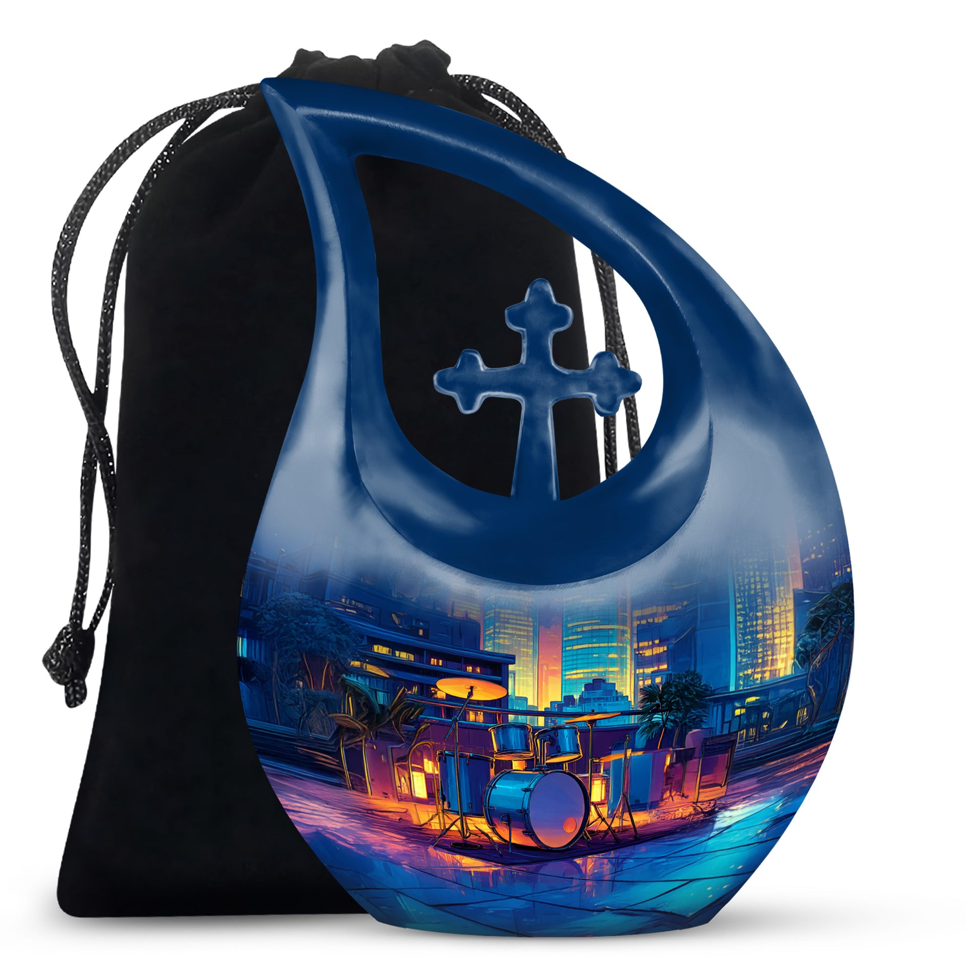 Indigo Drums Cremation Urn top-down view of secure threaded lid - cross and drums combined in spiritual memorial design - full-size 10 inch 200 cubic inch adult cremation urn