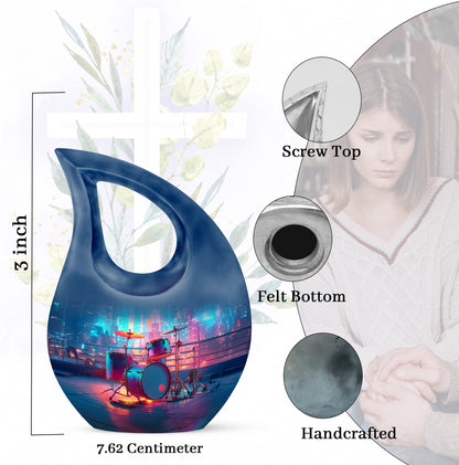 Serene Blue Drums Cremation Urn back view with polished surface - faith-inspired cross-drop urn with drums pattern - mini keepsake memorial for portion of cremation ashes