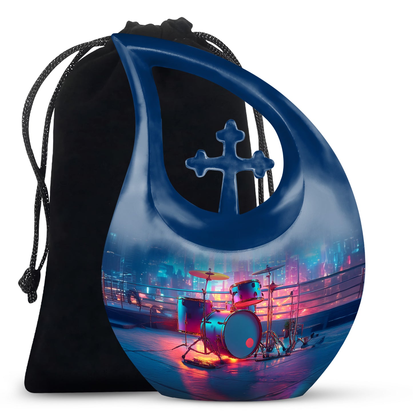Bright Blue Drums Cremation Urn top-down view of secure threaded lid - faith-inspired cross-drop urn with drums pattern - full-size 10 inch 200 cubic inch adult cremation urn
