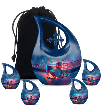 Cornflower Blue Drums Cremation Urn urn with complimentary velvet bag - faith-inspired cross-drop urn with drums pattern - memorial set with one large and four small urns