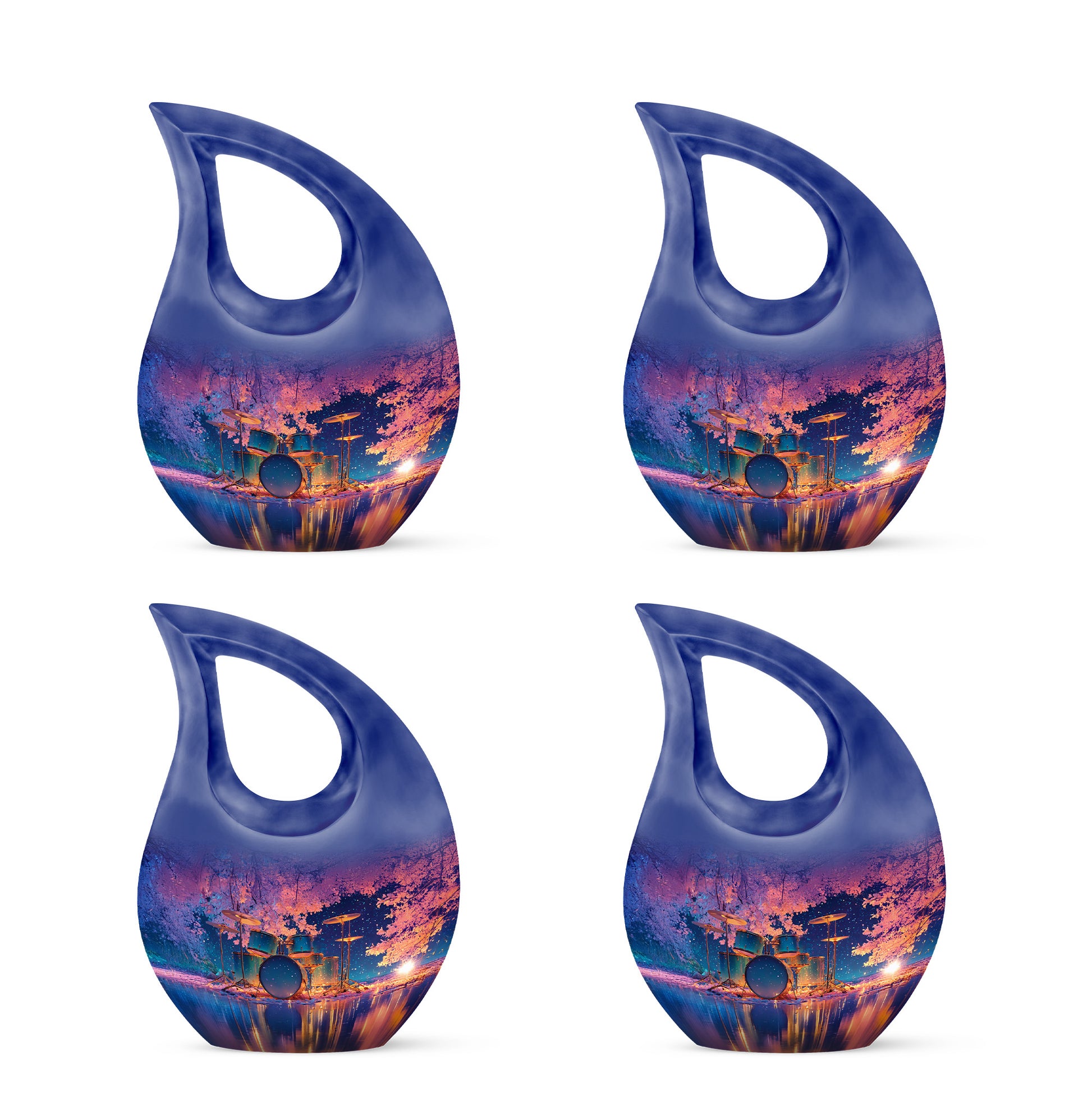 Serene Blue Drums Cremation Urn lifestyle display on memorial shelf - devotional cross-drop drums engraving - 10 inch aluminum urn for cremated remains