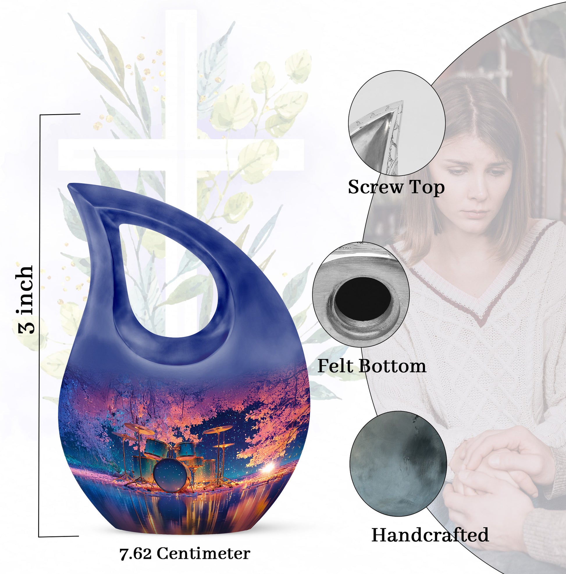 Slate Blue Drums Cremation Urn back view with polished surface - sacred cross merged with drums motif on metal - mini keepsake memorial for portion of cremation ashes