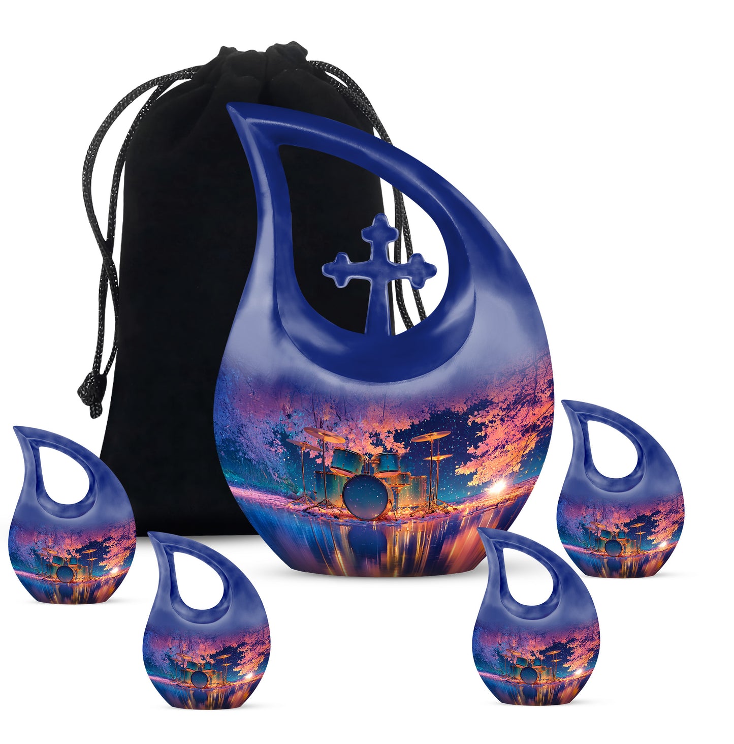 Sky Blue Drums Cremation Urn urn with complimentary velvet bag - sacred cross merged with drums motif on metal - memorial set with one large and four small urns
