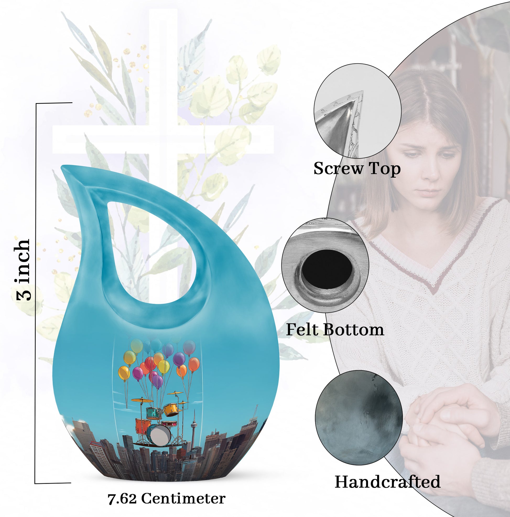 Misty Blue Drums Cremation Urn back view with polished surface - cross and drums combined in spiritual memorial design - mini keepsake memorial for portion of cremation ashes