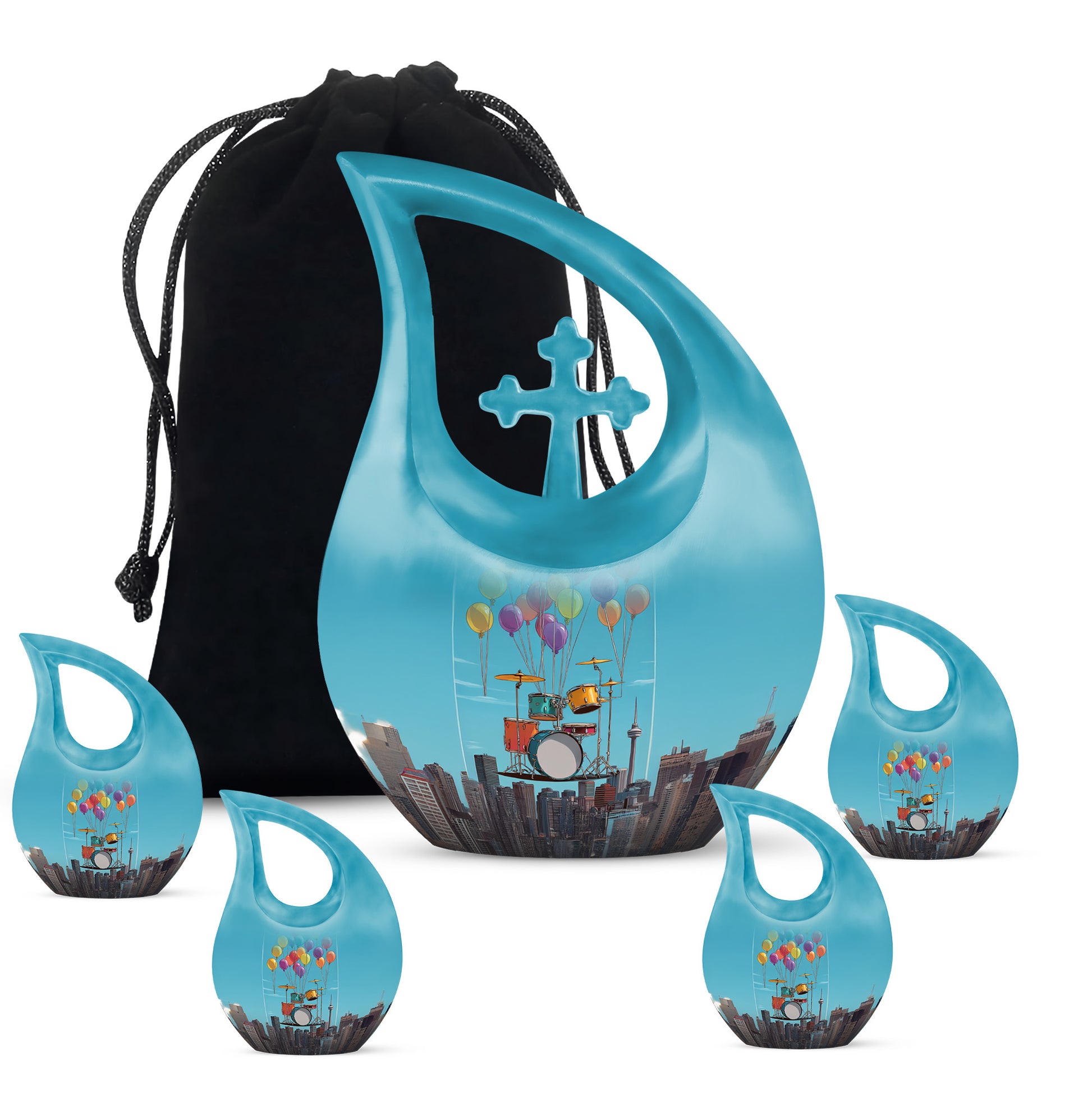 Sapphire Blue Drums Cremation Urn urn with complimentary velvet bag - faith-inspired cross-drop urn with drums pattern - memorial set with one large and four small urns