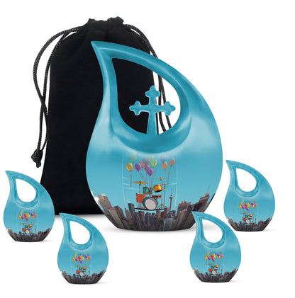 Sapphire Blue Drums Cremation Urn urn with complimentary velvet bag - faith-inspired cross-drop urn with drums pattern - memorial set with one large and four small urns