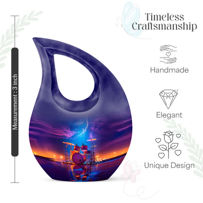Vivid Blue Drums Cremation Urn back view with polished surface - faith-inspired cross-drop urn with drums pattern - mini keepsake memorial for portion of cremation ashes
