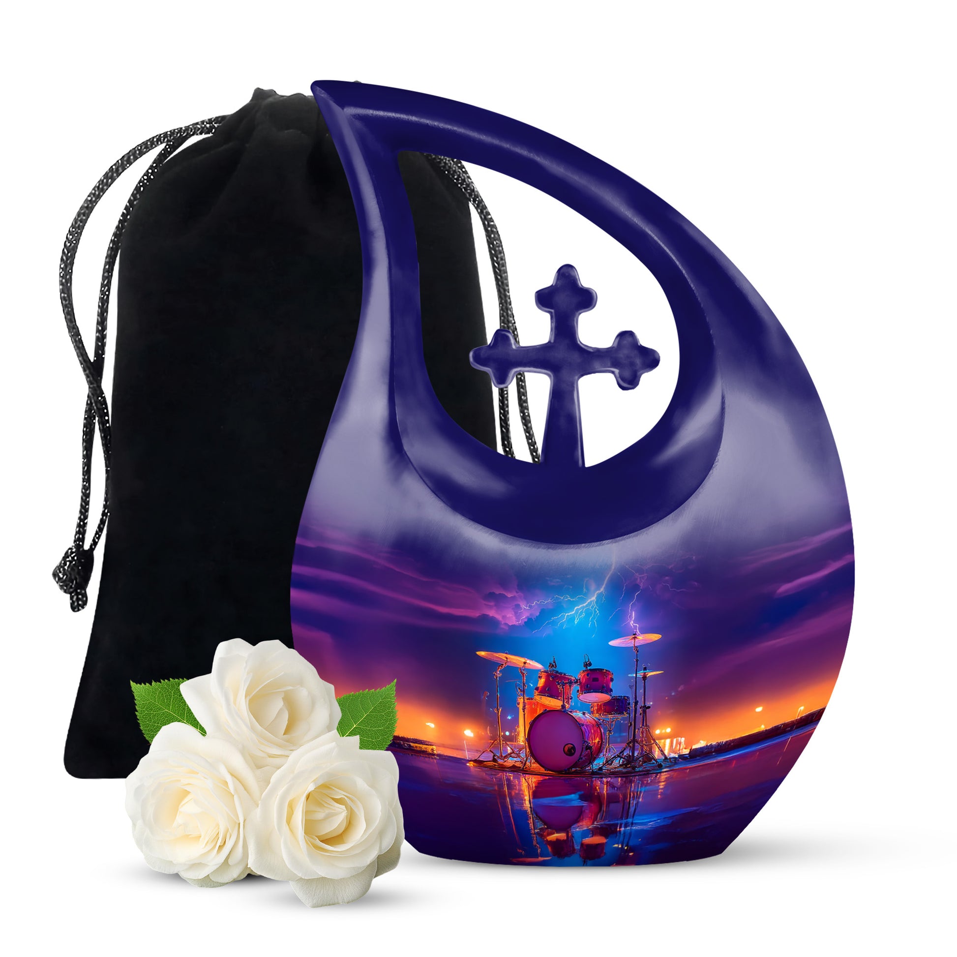 Sky Blue Drums Cremation Urn top-down view of secure threaded lid - cross and drums combined in spiritual memorial design - full-size 10 inch 200 cubic inch adult cremation urn
