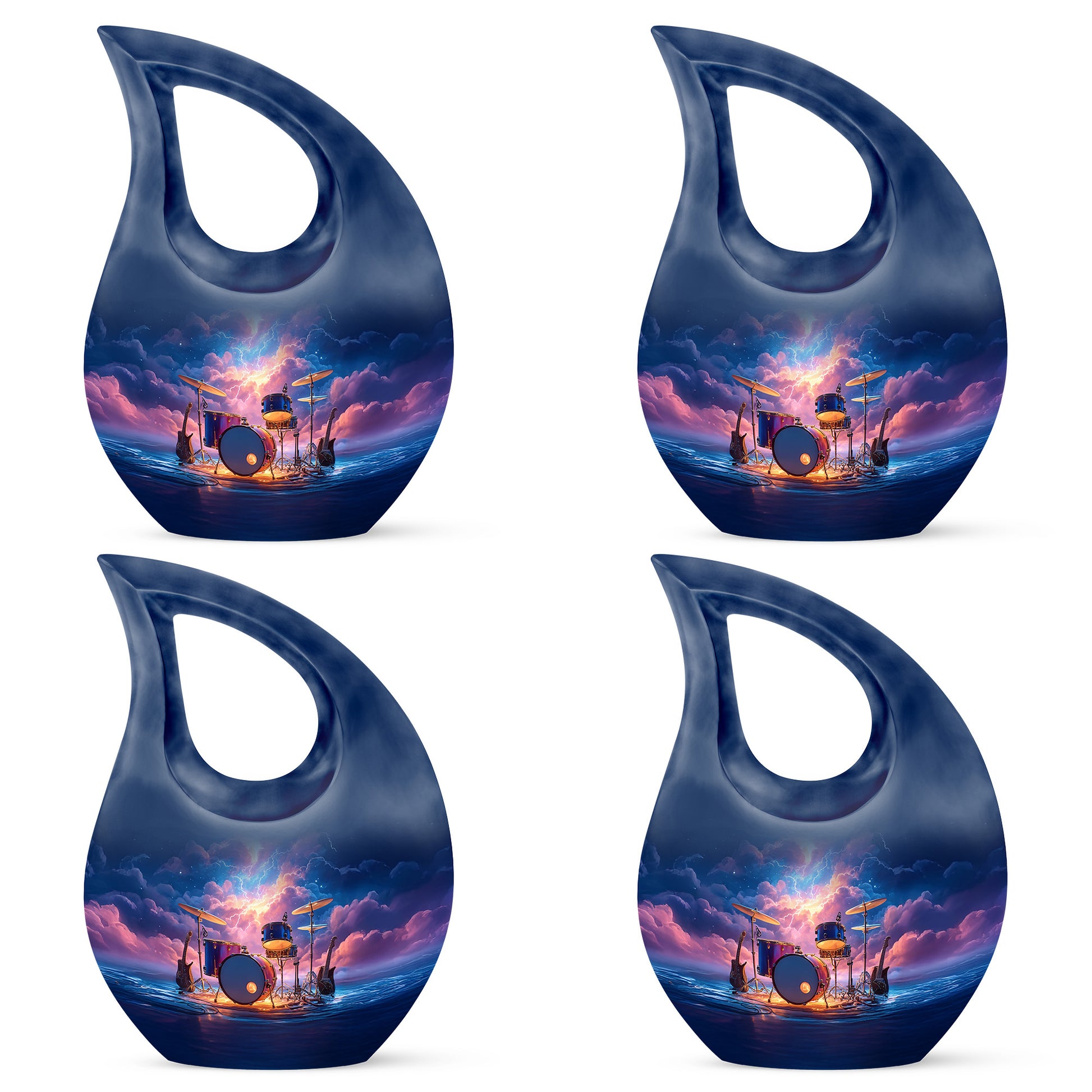 Navy Blue Drums Cremation Urn lifestyle display on memorial shelf - sacred cross merged with drums motif on metal - 10 inch aluminum urn for cremated remains
