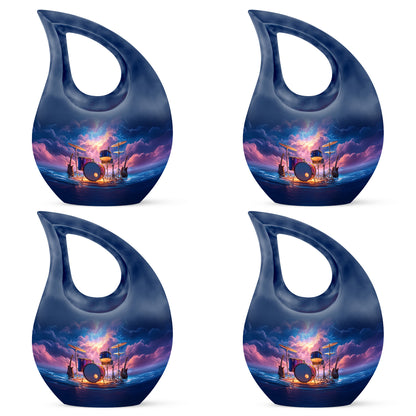 Navy Blue Drums Cremation Urn lifestyle display on memorial shelf - sacred cross merged with drums motif on metal - 10 inch aluminum urn for cremated remains