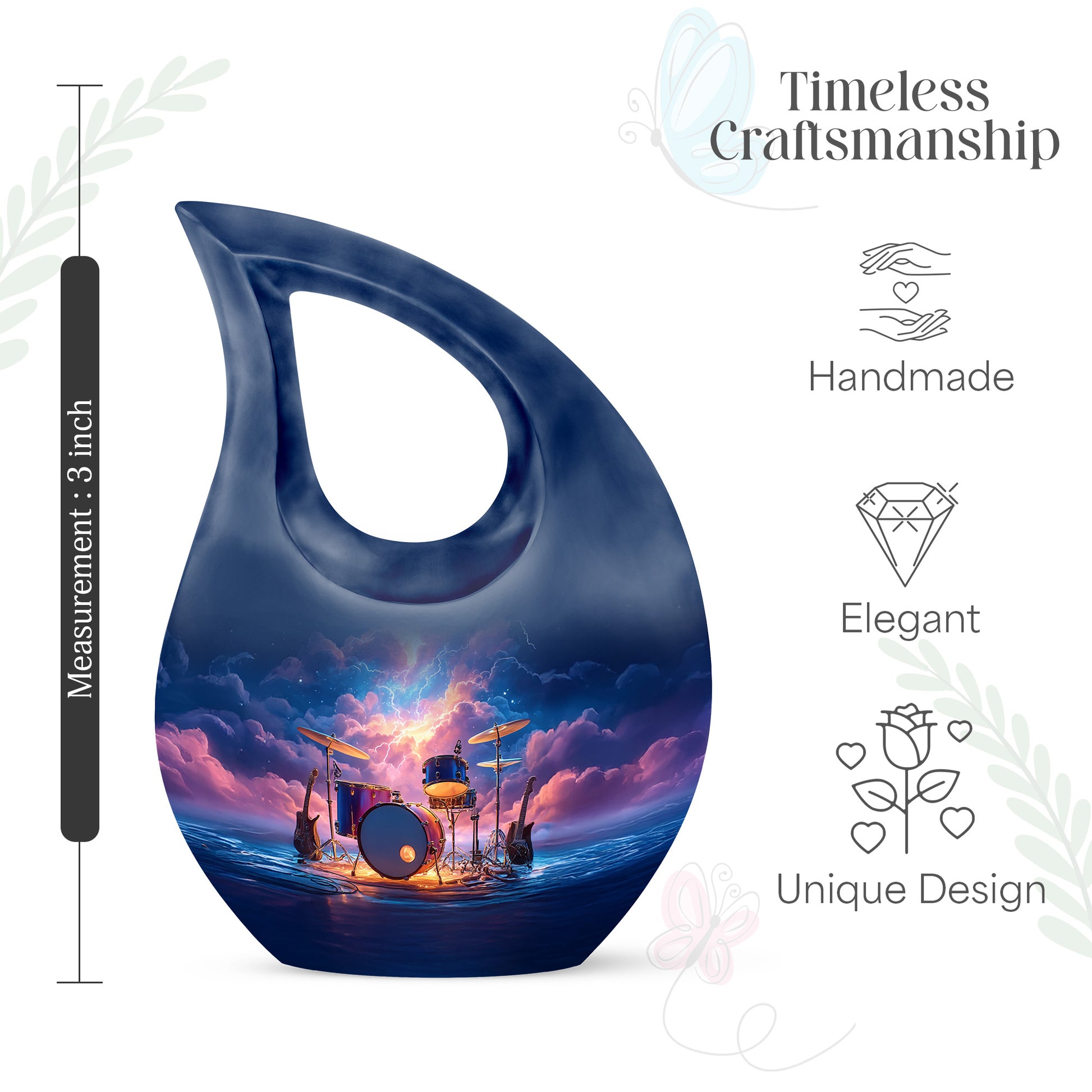Celestial Blue Drums Cremation Urn back view with polished surface - cross and drums combined in spiritual memorial design - mini keepsake memorial for portion of cremation ashes