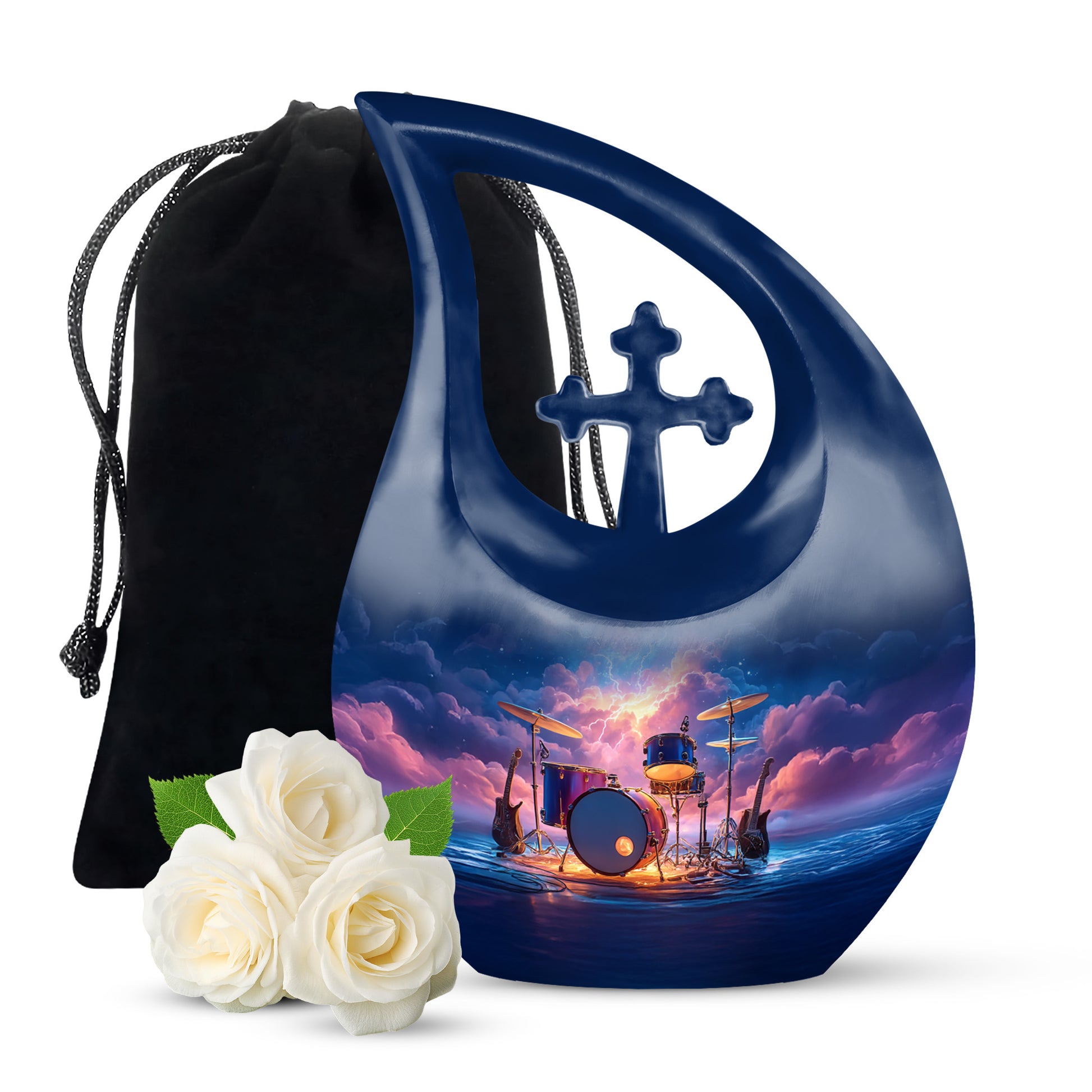 Calming Blue Drums Cremation Urn top-down view of secure threaded lid - faith-inspired cross-drop urn with drums pattern - full-size 10 inch 200 cubic inch adult cremation urn