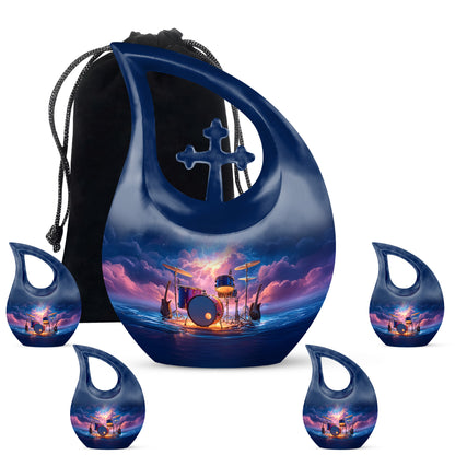 Misty Blue Drums Cremation Urn urn with complimentary velvet bag - sacred cross merged with drums motif on metal - memorial set with one large and four small urns